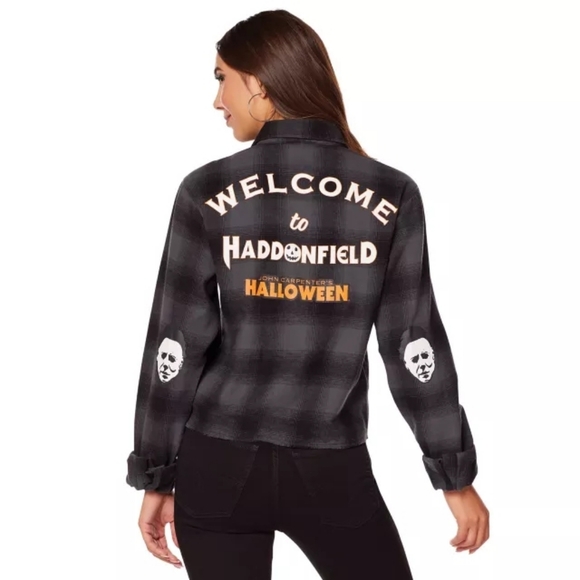 Spirit Tops - Spirit Halloween Welcome to Haddonfield Michael Myers Horror Plaid Shirt Medium